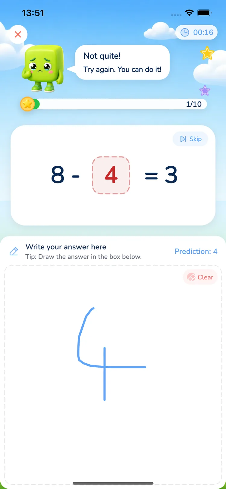 Learn Math — a child’s handwritten answer being recognized in a round